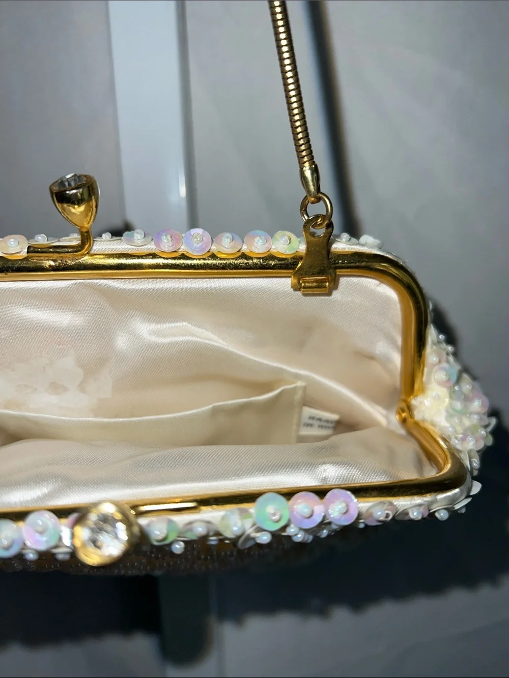 Source Unknown Ivory Pearl & Sequin Beaded Evening Clutch Vintage 1950s